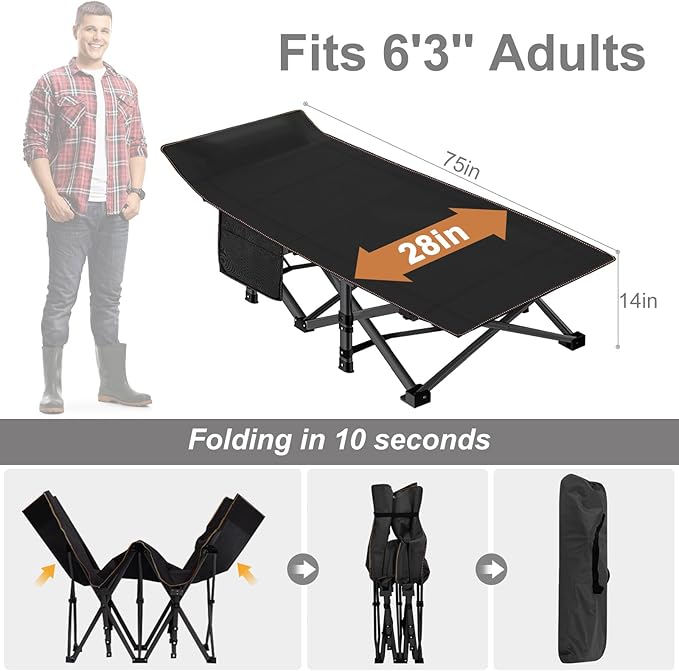 ABORON Camping Cot for Adult 28" Extra Wide, 2PK Heavy-Duty 1200D Oxford Cot for Sleeping, Portable Folding Camp Bed with Mat & Carry Bag