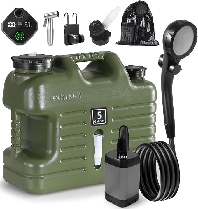 Digury Portable Camping Shower with 5 Gallon Water Jug, 6000mAh Rechargeable Outdoor Camping Shower Kit, IPX7 Waterproof Pump BPA Free Water Containers Camp Essentials