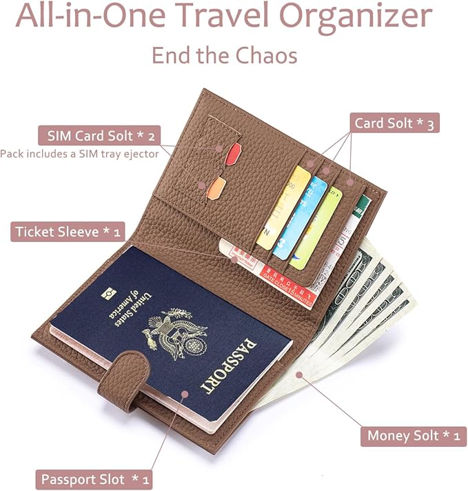 Leather RFID Passport Holder for Travel – Slim Passport Wallet for Men & Women with Card Slots, Boarding Pass Organizer, Zipper Pocket & Cash Holder (Dove Gray)