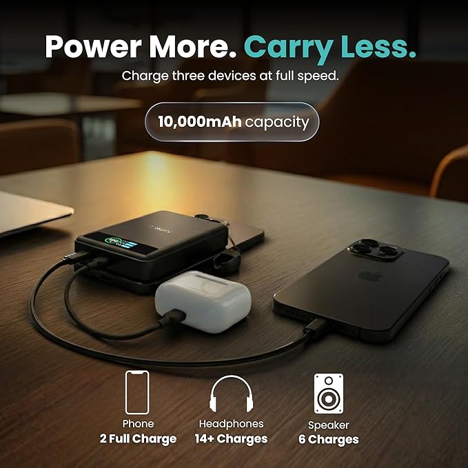 10K Magnetic Power Bank, Black, Qi2 Certified 15W Wireless Charger, LCD Display, Solid-State Battery for Safer Travel, Ultra-Slim USB-C Fast Charging Portable Charger for iPhone 17/16/15