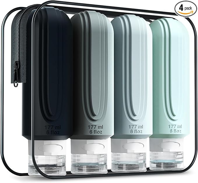 Mrsdry Travel Bottles for Toiletries, Large 6oz Oversize Containers, BPA Free Leak Proof Tubs Refillable Liquid Traveler Accessories with Toiletry Bag for Cometic Shampoo and Lotion Soap (4 Pack)
