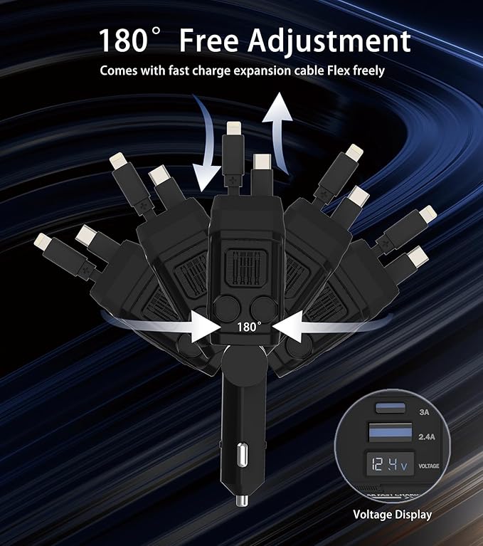 Retractable Car Charger, 4 in 1 Retractable Phone Charger with 66W Fast Charging, 2 Retractable Cables and 2 USB-C USB-A Port Compatible with iPhone 16/15/14/13/12/11,Samsung, Galaxy,Pixel (Black)
