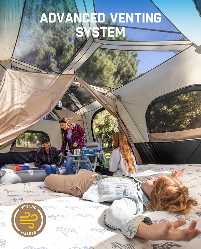 FanttikOutdoor Instant Cabin Tent 6/8/10/12 Person Camping Tent Setup in 60 Seconds with Rainfly & Windproof Portable with Carry Bag for Family Camping & Hiking, Upgraded Ventilation, Khaki