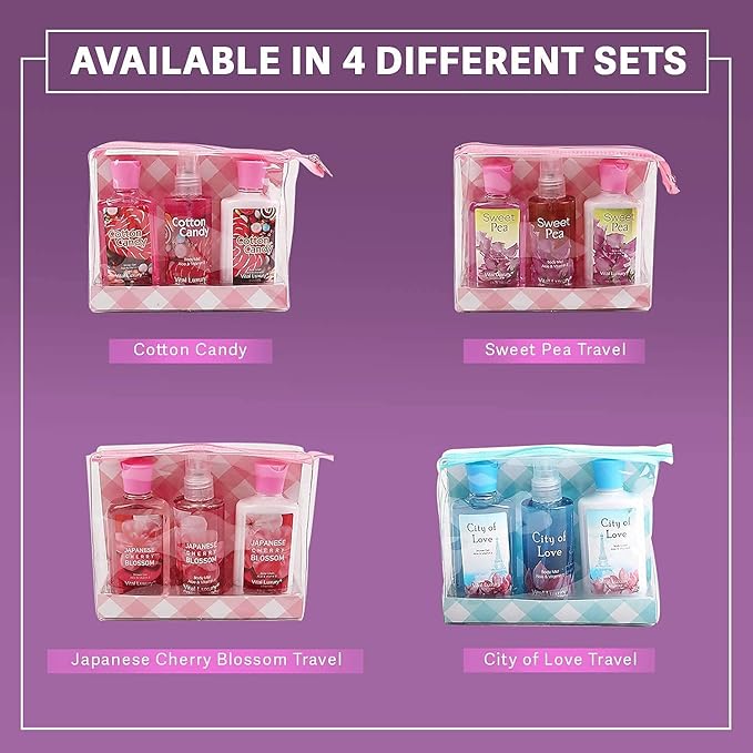 Cotton Candy Bath & Body Travel Kit, 3 Fl Oz, Ideal Skincare Gift Home Spa Set, Includes Shower Gel, Body Lotion and Fragrance Mist, Birthday Mother's Valentine's Day Gifts for Her