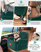 Lealchum Dog Booster Car Seat for Small/Medium Dogs,6in Elevated Cushion,Fully Detachable and Washable,2 Storage Pockets & 3 Straps,Fits in Front/Back Seat,Easy to Install (Green,Medium)