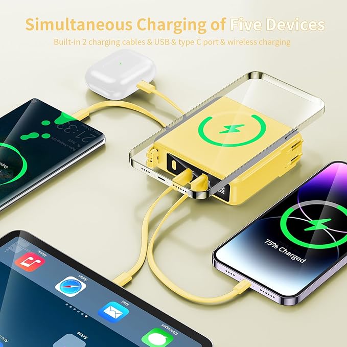 Wireless Charging Portable Charger with Built-in Cables & AC Wall Plug, 10000mAh Power Bank with LED light, PD 22.5W Fast Charging Travel Portable Charger for iPhone, Samsung, Android(No-Magnetic)