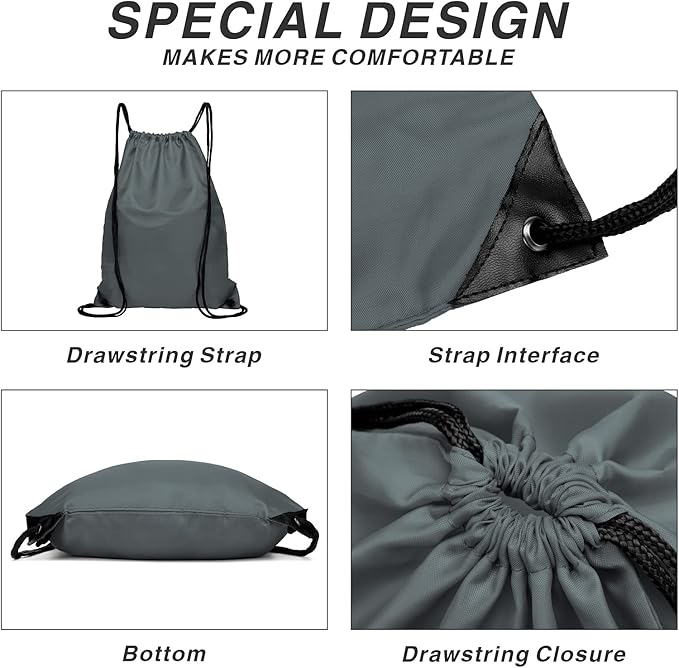 Drawstring Backpack Sports Water Resistant String Bag Sport Gym Sackpack for Women Men Large with Zipper, Grey