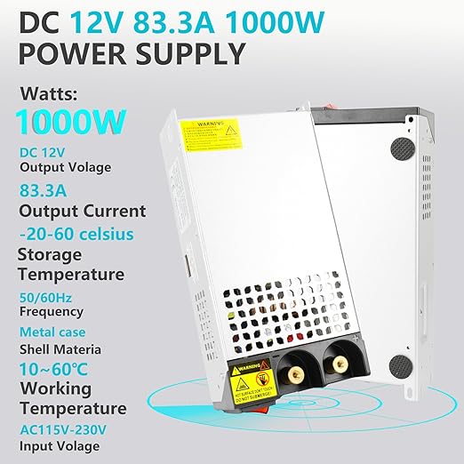 DC 12V 83.3A 1000W Power Supply Transformer Switch, AC 110V to DC 12V Converter 83amp 1000W Switching Power Supply Adapter for LED Strip Light CCTV Camera Security System Radio 3D Printer