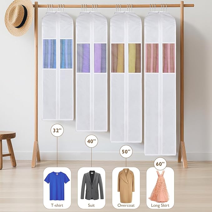 Univivi Premium Cotton Garment Bags for Hanging Clothes and Storage, 50 Inch Washable Garment Bags for Storage with Extra Large 10" Gusset & Clear Window - Perfect for Suits, Coats, Jackets - 4 Pack
