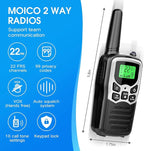 Walkie Talkies,MOICO Long Range Walkie Talkies for Adults Two-Way Radios with 22 Channels FRS VOX Scan LCD Display with LED Flashlight for Field, Survival Biking Hiking Camping 2 Pack (Silver A)