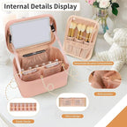 Makeup Bag With LED Mirror, Lightweight Travel Makeup Bag With 3 Color Setting Light Up Mirror Cosmetic Makeup Organizer Vanity Case for Women Beauty Tools Accessories Rechargeable Train Case-Pink