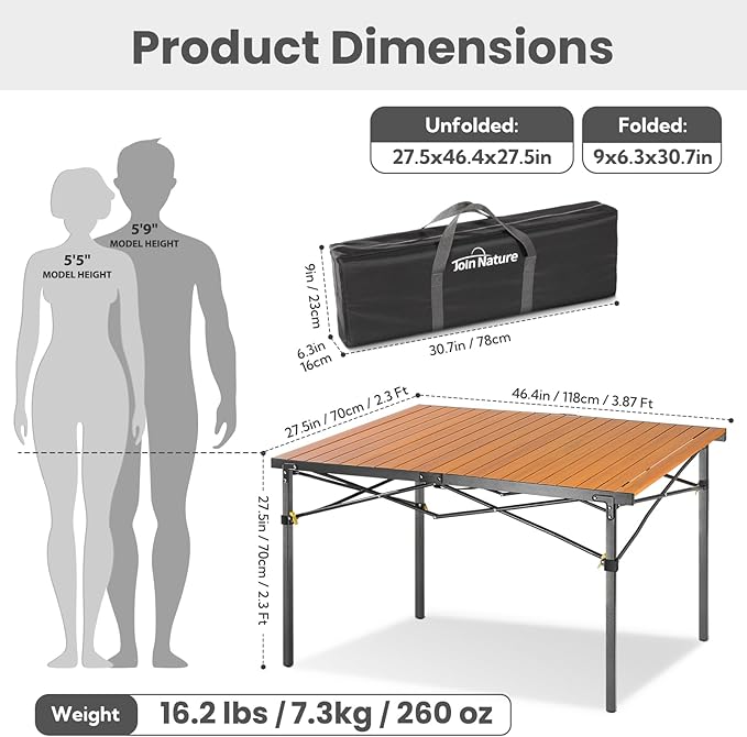 Join Nature 46.4" Large Camping Table for 2-6 People - Heavy Duty Camp Table Foldable with Aluminum Roll-Up Top & Carry Bag - 220lbs Capacity, Portable for BBQ, Tailgating, Backyard (Natural)