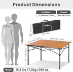 Join Nature 46.4" Large Camping Table for 2-6 People - Heavy Duty Camp Table Foldable with Aluminum Roll-Up Top & Carry Bag - 220lbs Capacity, Portable for BBQ, Tailgating, Backyard (Natural)