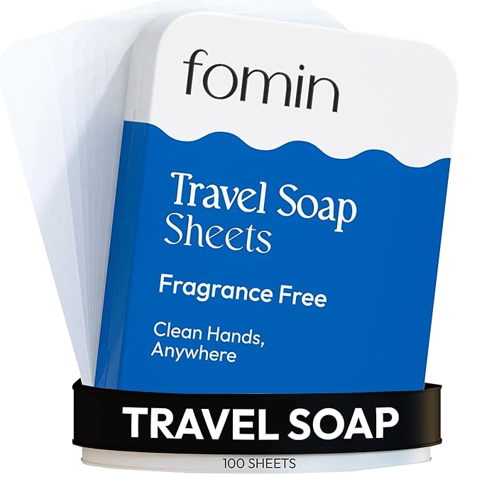 FOMIN - Antibacterial Paper Soap Sheets for Traveling - 100 Unscented Portable Hand Soap Sheets for Travel in Tin - Dissolvable Mini Portable Travel Soap Sheet for Hand Washing, Camping and Hiking