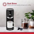 Holstein Housewares 2-in-1 Single Serve Coffee Maker, Dual Brew, Compatible with K-Cup Pods & Ground Coffee, Reusable Filter Included, Compact Drip Coffee Machine, 14oz Tank, Fits Most Cups - Black