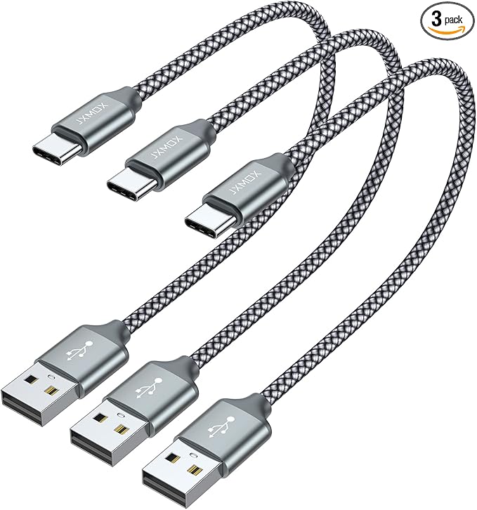 JXMOX Short USB C Cable (1ft 3-Pack), USB A to Type-C Charger Cord 3.1A Fast Charging Compatible with iPhone 15 16 Pro Max, Samsung Galaxy S22 S21 S20 S10 S9, Note 20 10,A80 A70 A50,Power Bank (Grey)