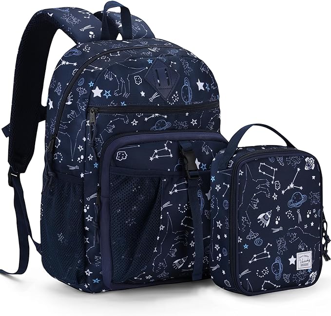 VASCHY Kids Backpack Lunch Bag Set, 2-1 School Bookbag Insulated Lunch Box for Toddlers,Preschool,Daycare,Kindergarten,Elementary School Navy
