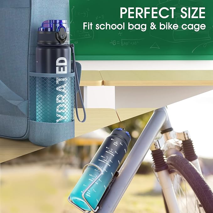 Sahara Sailor Water Bottle, 32/25/17oz Durable and Leakproof Water Bottles Motivational with Time Marker, Tritan, BPA Free, Wide Mouth with Easy Clean Brush for Gym, Travel, School, Office (1 Bottle)