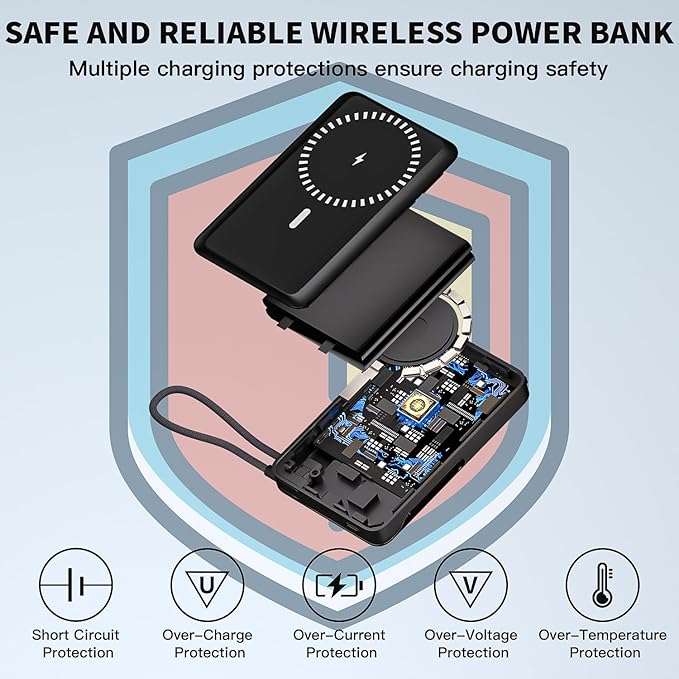 10000mAh Magnetic Wireless Power Bank Fast Charging , Mag-Safe Protable Charger Bulit in USB C Cable and Stand 22.5W PD USB C Fast Charger,Magnetic Battery Pack for iPhone 17 Pro/17 Air/16/15/14/13/12