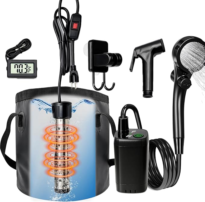 Rechargeable Camping Shower with Heater,1600W Water Heater,6000mAh Shower Pump with LED Display Foldable Bucket Outdoor