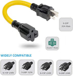 12AWG Heavy Duty Extender AC Plug Adapter [4-in-1], 15 Amp Household to 20 Amp T Blade Power Extension Cord, 1FT/32CM 12AWG Nema 5-15P to 5-20R/6-15R/ 6-20R, 15A 125V to 20A 250V Adapter Cable