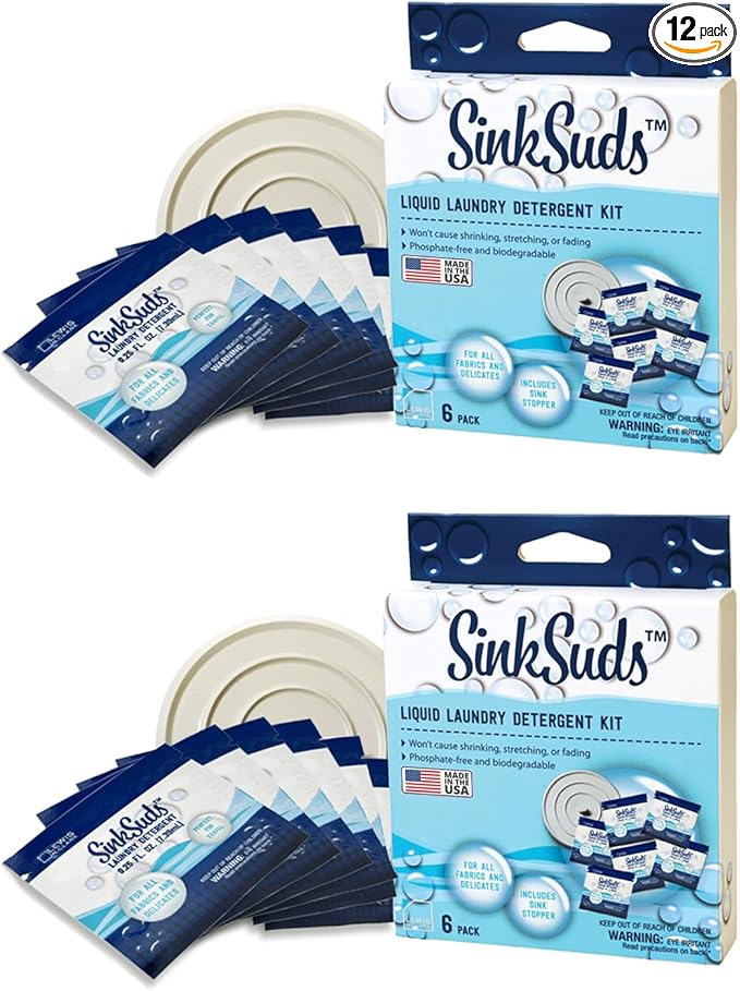SinkSuds Laundry Detergent Travel Size Liquid Soap TSA Compliant Safe for All Fabrics 12 Packets & 2 Sink Stoppers