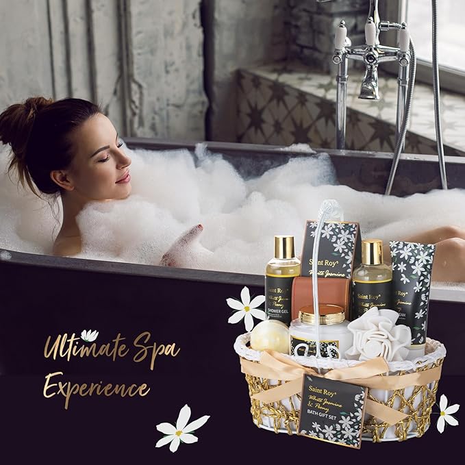 Mothers Day Gifts for Women Spa Day Gifts for Women, White Jasmine Peony Spa Gift Basket Set, Self-Care Relaxation Bath Kit, Nail Clippers, Bath & Body Care Set, Birthday, Christmas, Anniversary