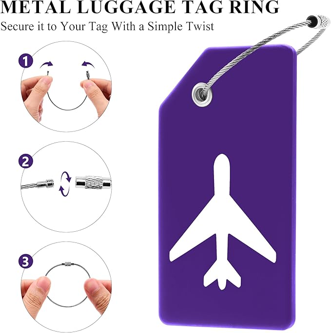 14 Pack Silicone Luggage Tag for Suitcases with Stainless Loop, TSA Approved, Privacy Protection Travel Essentials Bag Tags by Gostwo, Purple