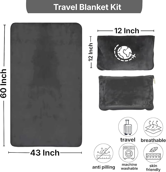 Travel Blanket and Pillow Compact – 4-in-1 Soft Fleece Airplane Blanket with Bag Pillowcase, Neck Pillow, Eye Mask & Earplugs, Lightweight Portable Flight Blanket 60"x43" (Grey)