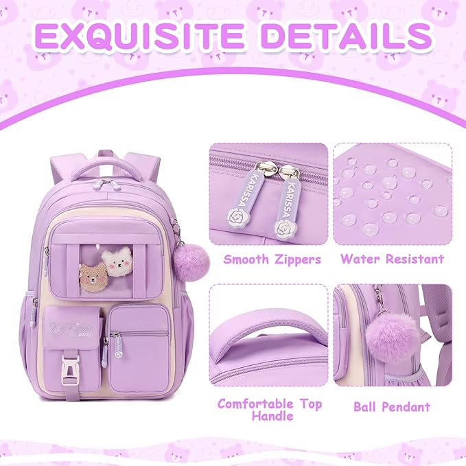 PIG PIG GIRL Kids Backpack for Girls School Bags for Middle School Students Book Bag for Elementary Primary Kawaii Ita Backpack, Purple and Beige