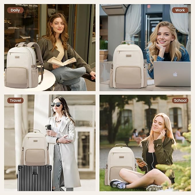 LOVEVOOK Laptop Backpack for Women with Pouch Pocket for Large Capacity Cup,18 Inch Laptop Computer Bag Travel Backpack Purse,Waterproof Work Business College Teacher Backpack,Beige-Nude-Logam Plum