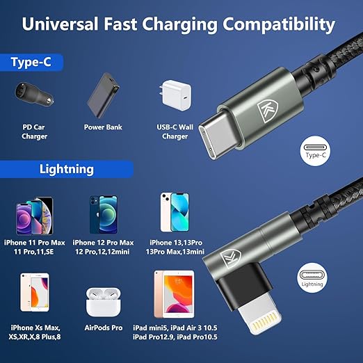 USB C to Lightning Cable 10FT [Apple MFi Certified] 3Pack Long iPhone Charger Cable 90 Degree i Phone Fast Charging Nylon Braided USB Lightning Cable for iPhone 14/13/12/11/Pro/Max/Plus/8/7/6/5S