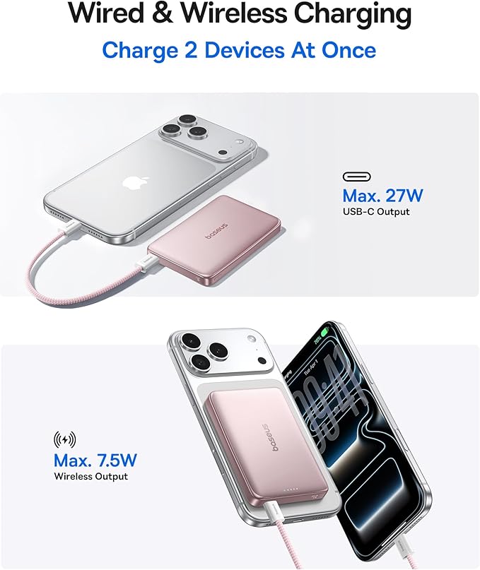 Baseus Picogo Power Bank, 0.5" Ultra Slim 10000mAh MagSafe Portable Charger, Upgraded CCC Certified 27W Fast Charging Magnetic Battery Pack, Alloy Wireless Charger for iPhone 17/16/15/14/13/12