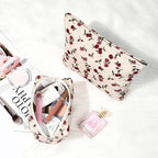 SOIDRAM 2 Pieces Rose Makeup Bag Large Corduroy Cosmetic Bag Capacity Canvas Mix Travel Toiletry Bag Organizer Cute Makeup Brushes Aesthetic Accessories Storage Bag for Women, Rose Mix White