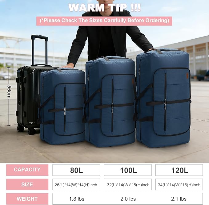 80L EXTRA LARGE Duffle Bag for Travel, 26" Foldable Travel Duffel Bag with Shoe Compartment for Men Women, Waterproof & Tear Resistant (Dark Blue, EXTRA LARGE, 80L)