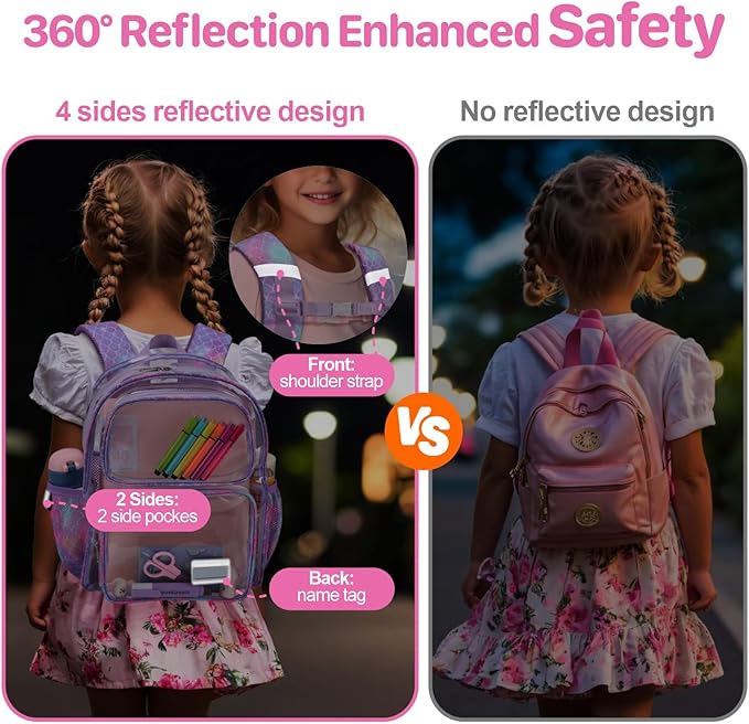 Bagseri 2pcs Clear Backpack for Girls - 15 Inch School Bag with Matching Pencil Case, Heavy Duty Transparent Bookbag for Kindergarten to Grade 2, Fits Folders, Purple Mermaid