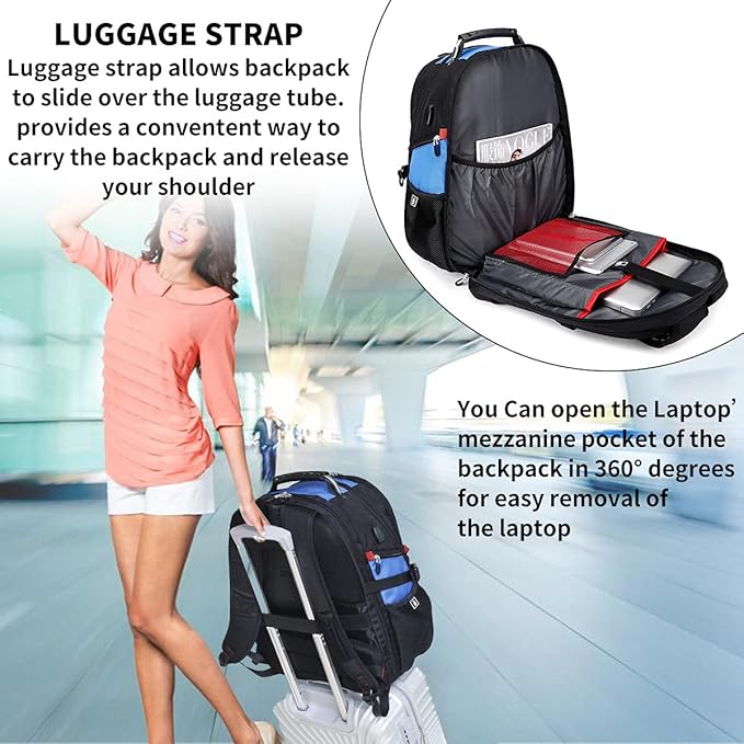 SHRRADOO Extra Large 50L Travel Laptop Backpack with combination lock, College Backpack Airline Approved Business Work Bag Fit 17 Inch Laptops for Men Women,Blue