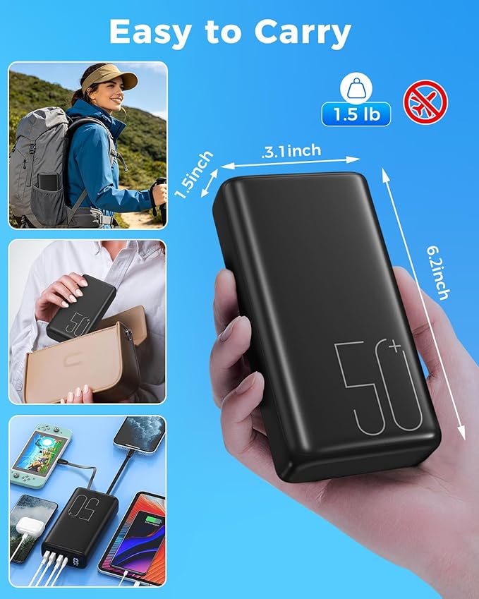 51000mAh Portable Charger with Built-in USB-C & Lightning Cables, 22.5W Fast Charging Power Bank, High Capacity Battery Pack for iPhone, Samsung, Android, Travel, Camping