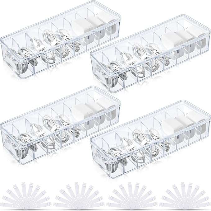 Tatuo 4 Pcs Cable Organizer Box with Wire Ties, Plastic Cord Storage Box with Lid, Electronics Organizer for Home Office Desk Organizers and Accessories (Clear)