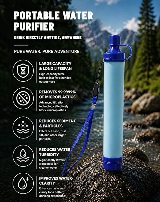 Water Filter, Portable Water Filter Straw, Emergency Survival Filtration System, Lightweight Personal Water Purifier, Includes 480ml Reservoir & Tube, for Hiking, Camping, Travel (3)