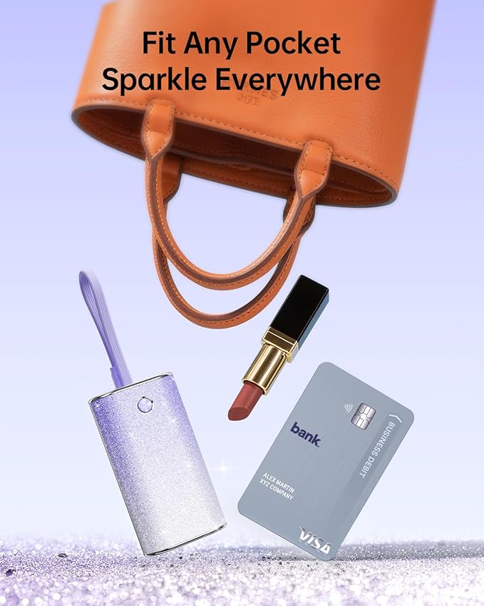 iWALK Sparkly 10000mAh Portable Charger, 22.5W Fast Charging Small Power Bank with Built-in USB-C Cable, Diamond Glitter Ultra-Compact Battery for iPhone 17/17 Pro/16/16 Pro/15, Samsung,ShinyPurple