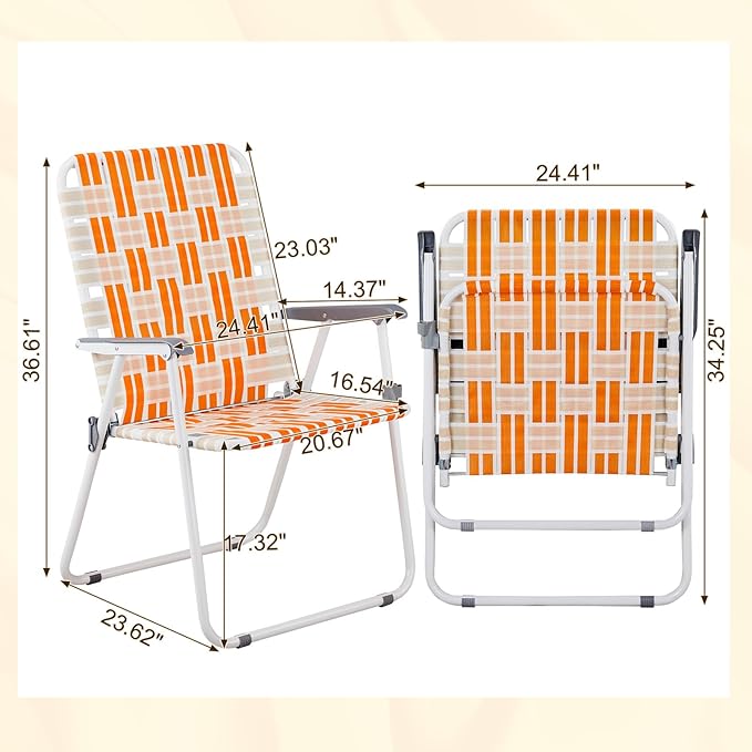 Folding Patio Lawn Webbed Chair Set of 2, Portable Outdoor Beach Chair for Adults, Camping Chair Steel Frame 300lbs Capacity for Yard, Garden Dining, Party, Picnic, 20.7" Seat Width