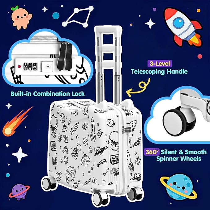 Kids Ride-On Suitcase with Cute Ears, DIY Graffiti Coloring Design, 20" Carry-On Luggage with 4 Spinner Wheels, Pull Rope & Combination Lock – Rideable Travel Case for Toddlers & Children(White)