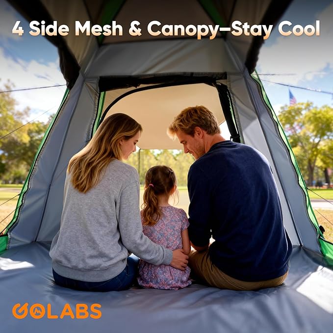 Golabs Pop Up Camping Tent for 2/3/4 Person, 1-Min Setup by Pre-Attached Pole, 4 Side Mesh& Door for View/Airflow, CT2 Instant Canopy Tent with PU1500mm Waterproof, for Outdoor/Camping/Music Festivals