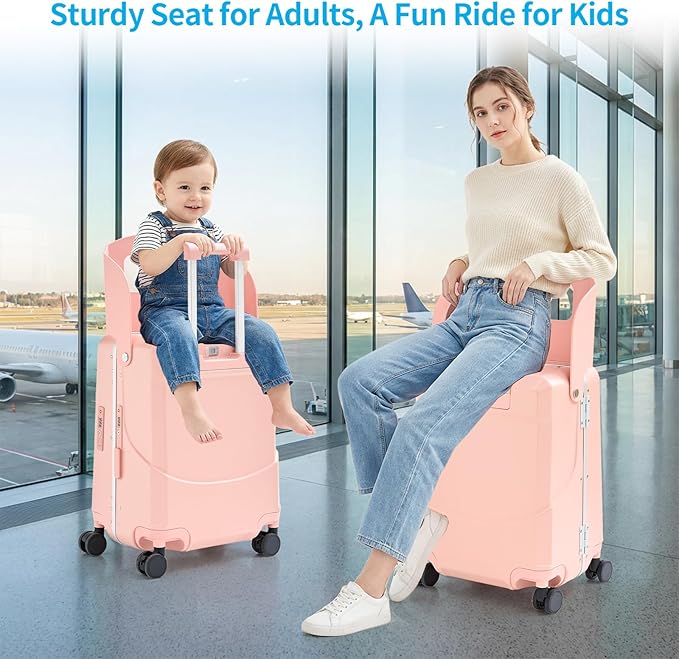 TABU 20" Ride on Luggage with Foldable Seat，Front-Opening Carry On Suitcase with Built-in USB & Type-C Port, TSA Lock and 360° Silent Spinner, for Kids & Adults, Pink