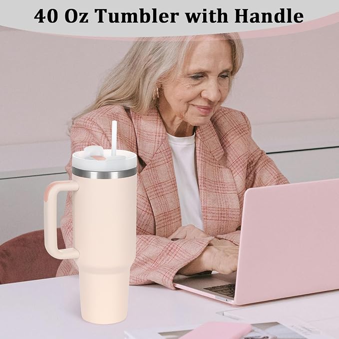 4 Pack 40 Oz Tumbler with Handle Bulk, Double Wall Vacuum Insulated Stainless Steel Tumbler with Lid and Straw, 40 oz cup with Silicone Spill Proof Stopper Set (Rose Quartz)