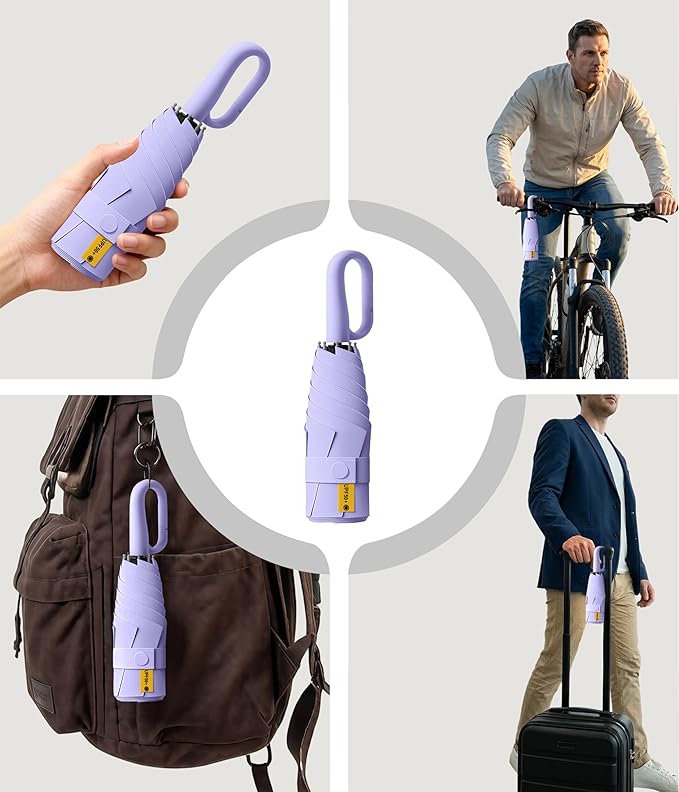 Mini Travel Umbrella with Carabiner Handle UPF 50+ Sun & Rain Protection Portable Manual Open Close Windproof Umbrella Small Compact Portable Parasol for Commuter Kids Women Men