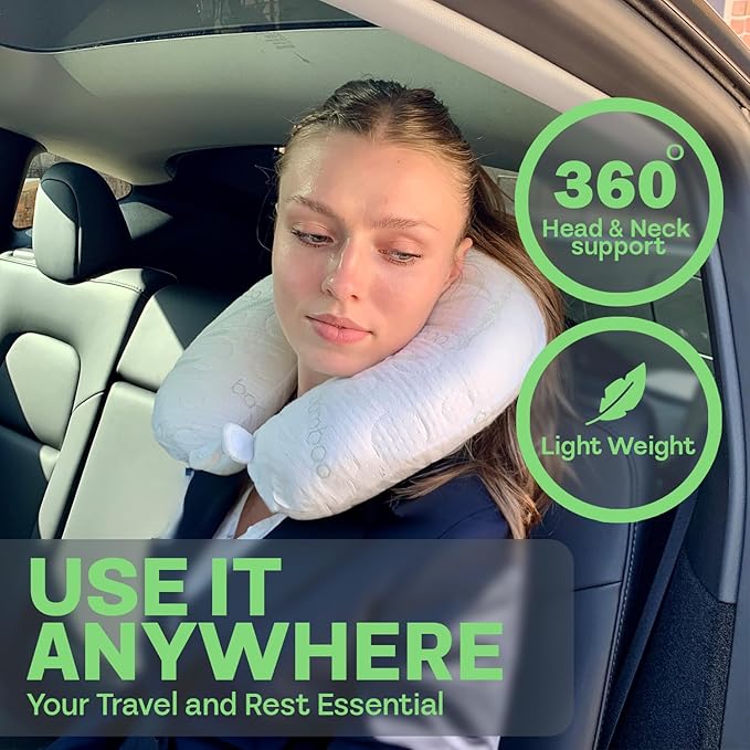Sacred Thread Rayon Derived from Bamboo Travel Neck Pillow for Airplanes, Memory Foam for Airplane, Ergonomic Design Neck Rest, Travel Pillow for Sleeping (White)