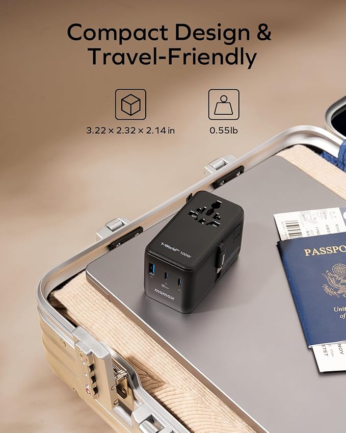MOMAX 100W Universal Travel Adapter, 6-in-1 International Power Adapter with USB-C Retractable Cable, Dual-AC Plug Adapter PD Fast Charging Worldwide Wall Charger for US/UK/EU and Over 200 Countries