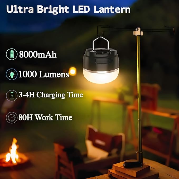 LED Camping Lantern, 8000mAh Rechargeable Camping Light, 6-Level Dimming & Magnetic Base Tent Lamp, IPX4 Waterproof Emergency Hanging Lantern for Hurricane, Power Outage, Hiking
